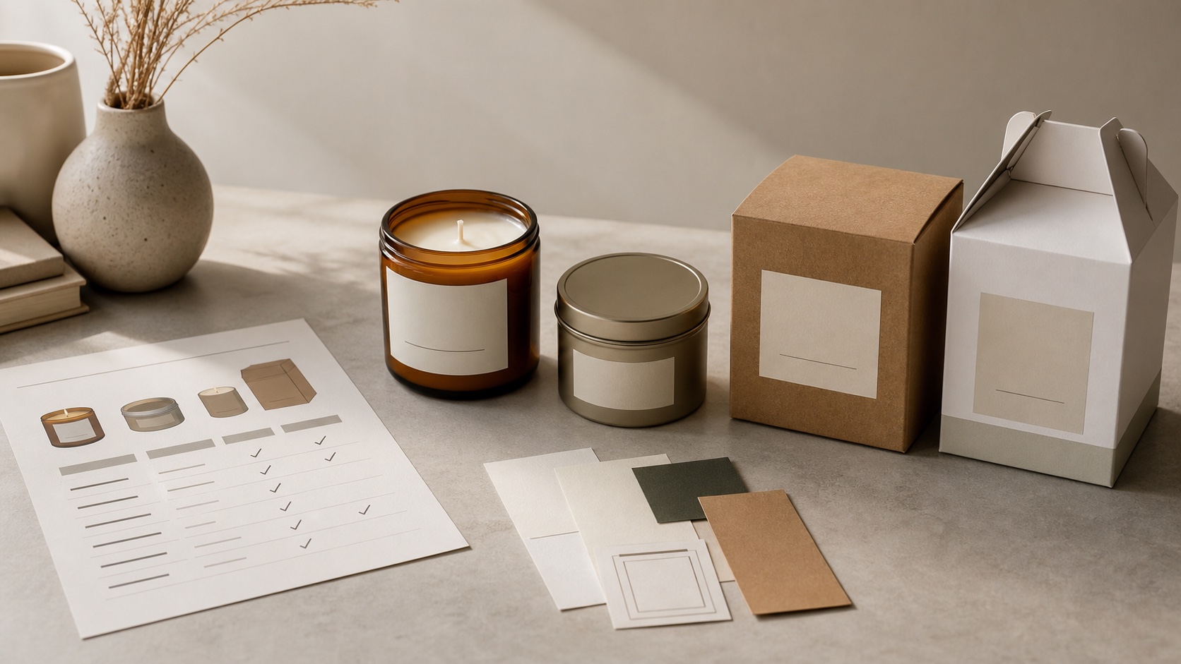 Candle jar, tin, boxes, labels, and sourcing memo arranged for packaging comparison